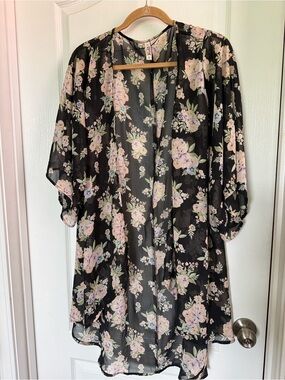 Mudd Black Floral Sheer Swim Coverup with Pink and Green Flowers